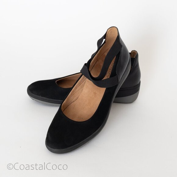 Vionic Shoes - Vionic Ellery Black Suede Ballet Womens 9.5 Wedge Elastic Straps Comfort Support